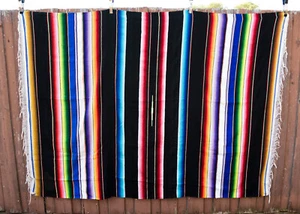 Vintage Rainbow Stripe Serape Mexican Blanket w Fringe Southwestern Decor 84x63 - Picture 1 of 18