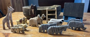 Vintage Arche Noah handgeschnitzt Holz Volkskunst primitive Tiere 18 Stück Set - Bild 1 von 16