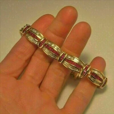 11Ct Baguette Cut Red Ruby & Diamond Unisex Tennis Bracelet 14K Yellow Gold Over - Image 1 of 4