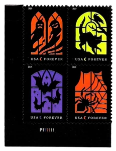 SPOOKY SILHOUETTES US 5420-5423 GHOSTS CAT SPIDER BATS FOREVER STAMP PLATE BLOCK - Picture 1 of 4