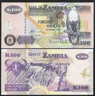 Zambia 100 KWACHA P-38 2006 x 100 Pcs Lot BUNDLE Victoria Falls UNC Money NOTE - Image 1 of 4