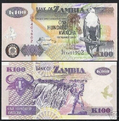 Zambia 100 KWACHA P-38 2006 x 100 Pcs Lot BUNDLE Victoria Falls UNC Money NOTE - Image 1 of 4