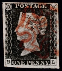 1840 1d Black Plate 3 BL 4m VFU with ALL THREE Marginal Watermark Lines Cat.£500 - Picture 1 of 2