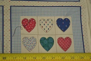 17" Long 44" Wide, Red & Blue Hearts in Blue Squares on Tan Cotton Panel, M7496 - Picture 1 of 4