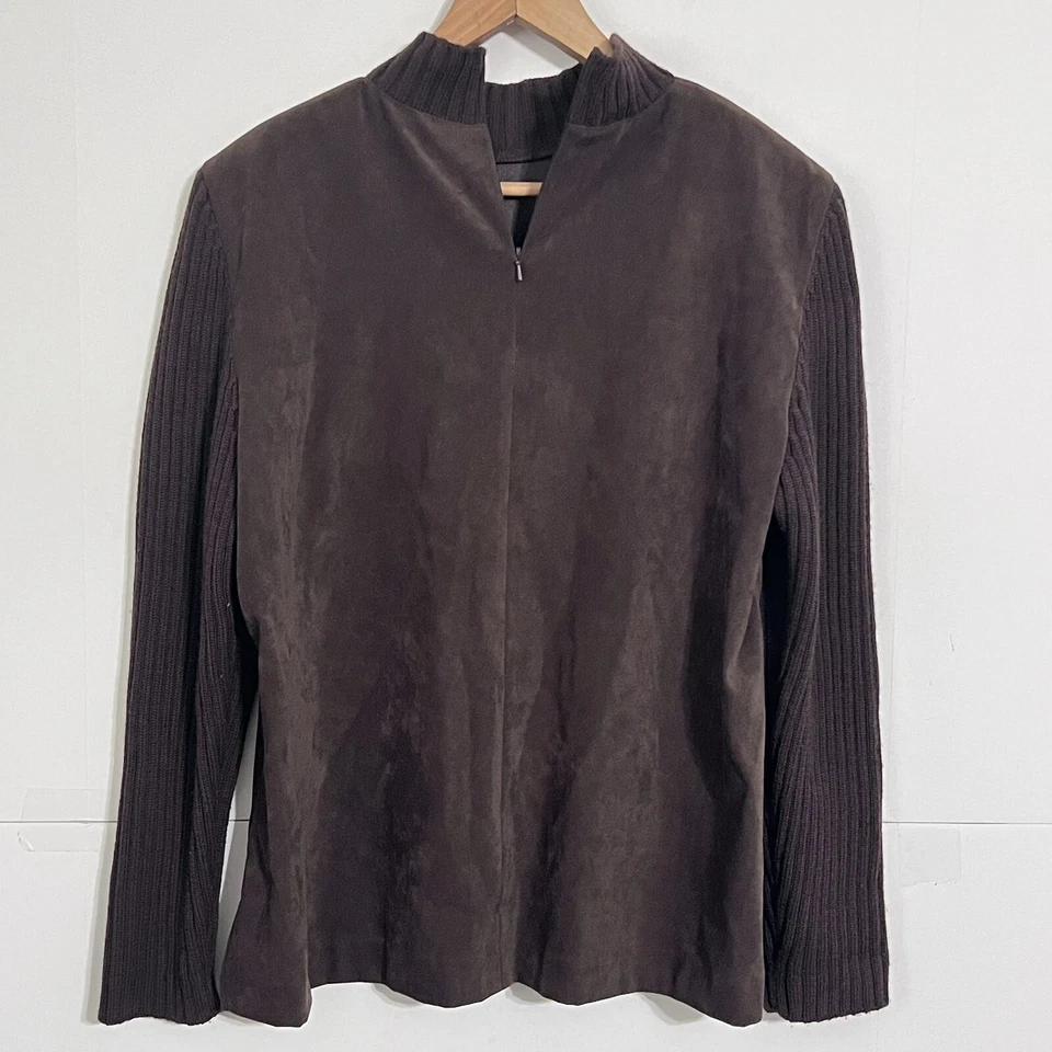 Vintage Talbots Womens Hybrid Jacket Sweater Size 18 Brown Sueded 1/4 Zip Wool - Image 1 of 4