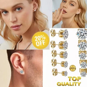 Mens Womens Round 18k Yellow Gold Filled Sim Diamonds Stud Earrings, Sizes 4-8mm - Picture 1 of 11