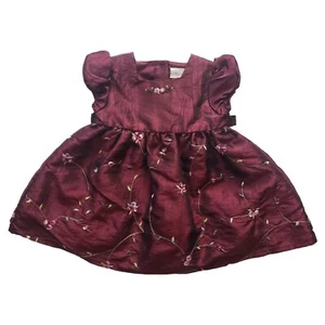 Youngland Baby Girl Dress 18 Months Floral Burgundy Embroidered Christmas Church - Picture 1 of 5