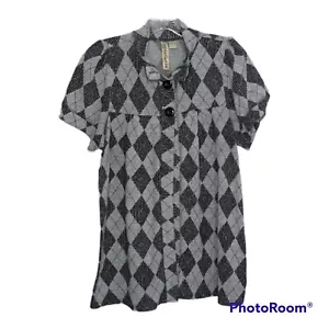 Eyeshadow Women Argyle Babydoll Style Top S/M Cap Sleeve 3 Button Open Torso - Picture 1 of 10