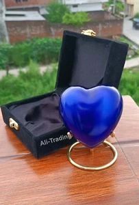 Blue Cremation Urn for Ashes Keepsake Heart Urn with Black Box and Brass Stand - Picture 1 of 6