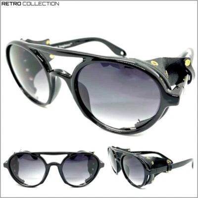 Herren Retro Steampunk Cyber Sonnenbrille Brille Rund Schwarz Gestell Leder - Bild 1 von 4