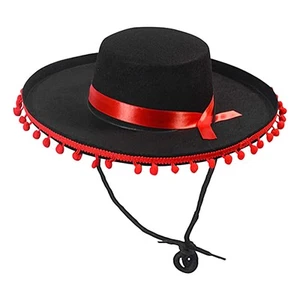 Dult Wide Brim Cosplay Mexican Sombrero With Pom-Poms Spanish Outfit Accessories - Picture 1 of 12