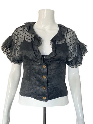 Blusa Top Camisa RARA Vintage Años 80 CHANEL Boutique Lunares Seda Negra FR-36 Foto 1 de 4