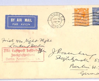 GB KGV Air Mail Cover 1930 *FIRST NIGHT FLIGHT* GERMANY Berlin London XF134 - Image 1 of 4
