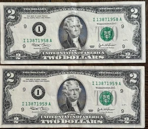 (2) 2003 $2 Dollar Bill Series A Circulated (2 Consecutive) - Picture 1 of 2