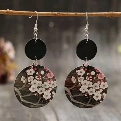 Womens Wooden & Acrylic Round Flower Design Multi Dangle Earrings Boho Jewelry  - Image 1 of 4