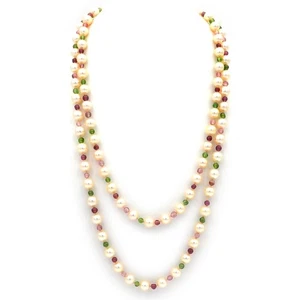 Collana di perle lunghe Fancy Akoya perle coltivate con tormaline e ametiste - Foto 1 di 7