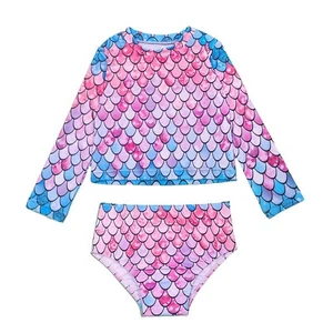 Kids Girls Swimsuit Long Sleeve Top With Bottoms Fish Scales Print Beachwear - Picture 1 of 10