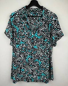 Alfani Top Womens Size 2X Black Blue 3/4 Sleeve Artsy Abstract Career Stretch - Picture 1 of 8