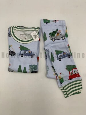 Хлопковые рождественские винтажные автомобильные пижамы Pottery Barn Kids плотно прилегающие размер 6 синие 9590E - Изображение 1 из 4