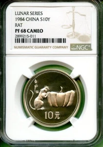 CHINA 1984 LUNAR SERIES RAT NGC PF 68 CAMEO 10 YUAN SILVER - Picture 1 of 2