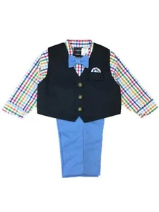 Infant & Toddler Boys Colorful Blue Plaid Suit Dress Up Outfit Bow Tie & Vest - Picture 1 of 1