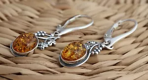 Cognac Baltic Amber 925 Sterling Silver Dangle Drop Earrings Gift Boxed - Picture 1 of 4