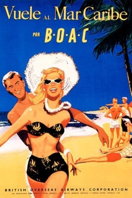 PÓSTER REPRO FLY TO CARIBBEAN VUELE AL MAR CARIBE PLAYA SOL DIVERSIÓN VIAJE VINTAGE Foto 1 de 3