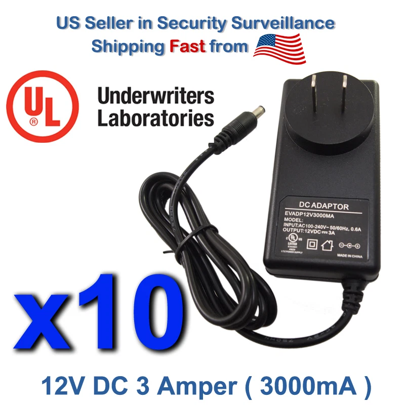 10 pcs 12V DC 3 Ampere 3000mA Power Supply Adapter Plug Size 5.5 x 2.1mm - Image 1 of 4