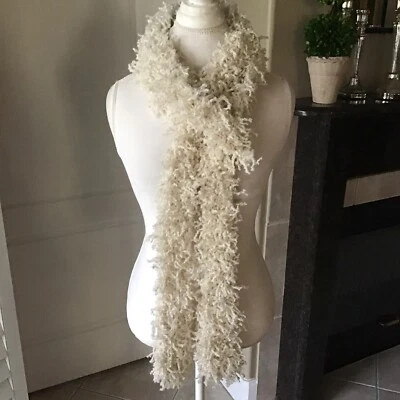 Boa Scarf Eyelash Ivory Yarn LONG 4x90” Maxi Boho Hippie Fringe Rockstar Style - Image 1 of 4