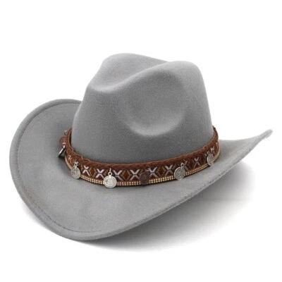 Chapéu de cowboy faroeste cowgirl masculino feminino – banda tribal de feltro aba larga estilo rodeio - Imagem 1 de 2