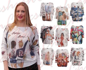 Mujeres Italiano Lagenlook Diseñador Eslogan Estampado Holgado Saltador Prenda para el torso de gran tamaño Camiseta - Imagen 1 de 3
