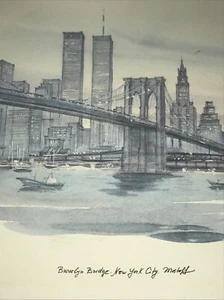 1970er - Mostoff - New York - Twin Towers - Brooklyn Bridge - Kunst - signierter Druck - Bild 1 von 5