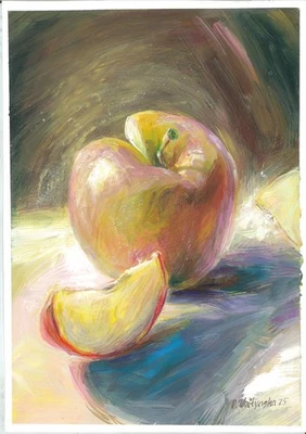 original painting A4 39VOk artwork oil paints modern still life apple - Image 1 of 3