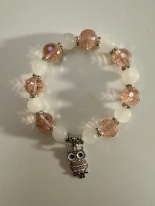 PINK Faceted Bead Stretch Bracelet with White Gemstone Beads & Silver Owl Charm - Picture 1 of 2