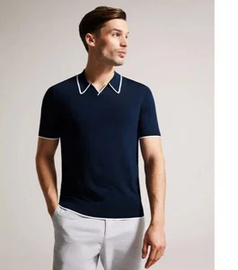 Camisa Polo Ted Baker Para Hombre Manga Corta Rayón Stortfo Azul Marino Blanco Borde $150 - Imagen 1 de 4