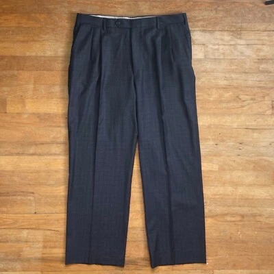 Vintage Mens Double Pleated Plaid Pants Size 34x28 1990s Charcoal Gray Wool - Image 1 of 4