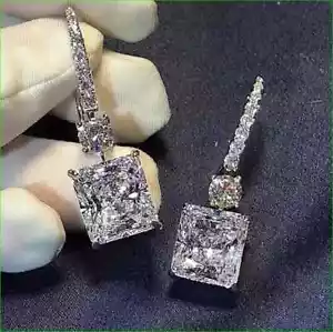 4CT Princess Cut Moissanite Solitaire Drop Dangle Earrings 14k White Gold Plated - Picture 1 of 5