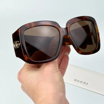 Óculos de sol feminino Gucci loiro Havana marrom escuro quadrado tamanho grande GG1402S 002 NOVO - Imagem 1 de 4