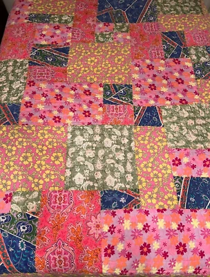 Vintage Patchwork Twin Quilt Colorful Reversible Hawaiian Retro 70s Groovy Cool - Image 1 of 4
