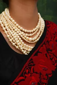 Gold Chunky Statement Faux Pearl Long Bib Multi Layered Strand Bead Necklace Set - Picture 1 of 8