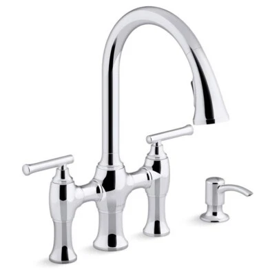 KOHLER Oresund Puente Cromo Pulido 2 Manijas Montaje en Cubierta Manija Grifo Cocina. Foto 1 de 4