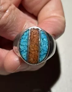 Men’s Sterling Silver Turquoise & Coral Chip Inlay Ring Size 11 Stamped Sterling - Picture 1 of 6