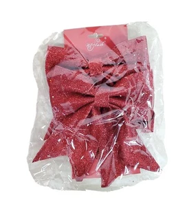 Glitter Red Bows Twist Tie Attachment 8” Wide Christmas Holiday Decor Winter 2Ct - Picture 1 of 6