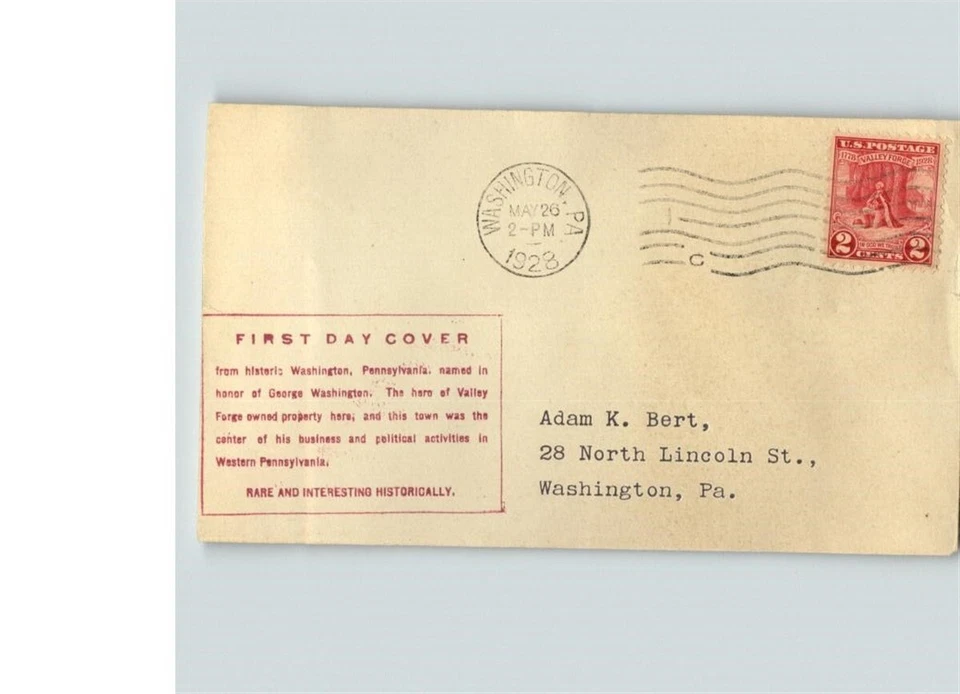 VALLEY FORGE, 1928 # 645 FIRST CACHET for ADAM BERT, First Day of Issue - Image 1 of 1