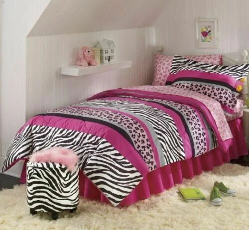 Jungle Wild Zebra Animal Print Safari Black Pink Bed-in-bag Comforter Set Twin - Image 1 of 1
