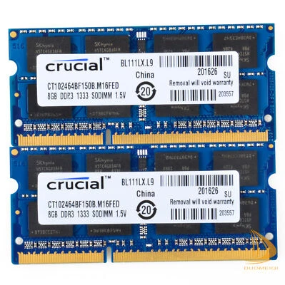 16GB Crucial 2x 8GB PC3-10600S DDR3-1333Mhz 1.5V CL9 SODIMM Laptop Memory RAM GS - Image 1 of 4