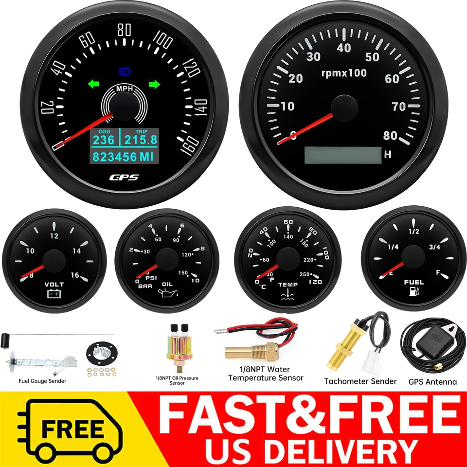 6 Gauge Set 85mm Boat GPS Speedometer 160MPH&Tacho 8000RPM Gauge with Sensor  - Image 1 of 4