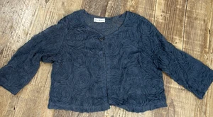 Vintage Olivia Mattews transparente Applikation Blumenmuster vorne offen Bluse marine Gr. M - Bild 1 von 6