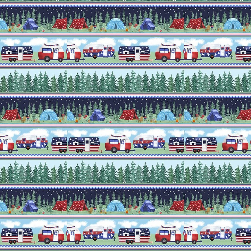 Travel Fabric | Camp USA Patriotic Camper Tent Stripe Blue Green | Blank YARD - Image 1 of 1