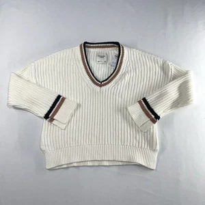 Abercrombie & Fitch Chunky Sweater Women M Cream Tennis Knit V Neck Varsity $70 - Picture 1 of 9